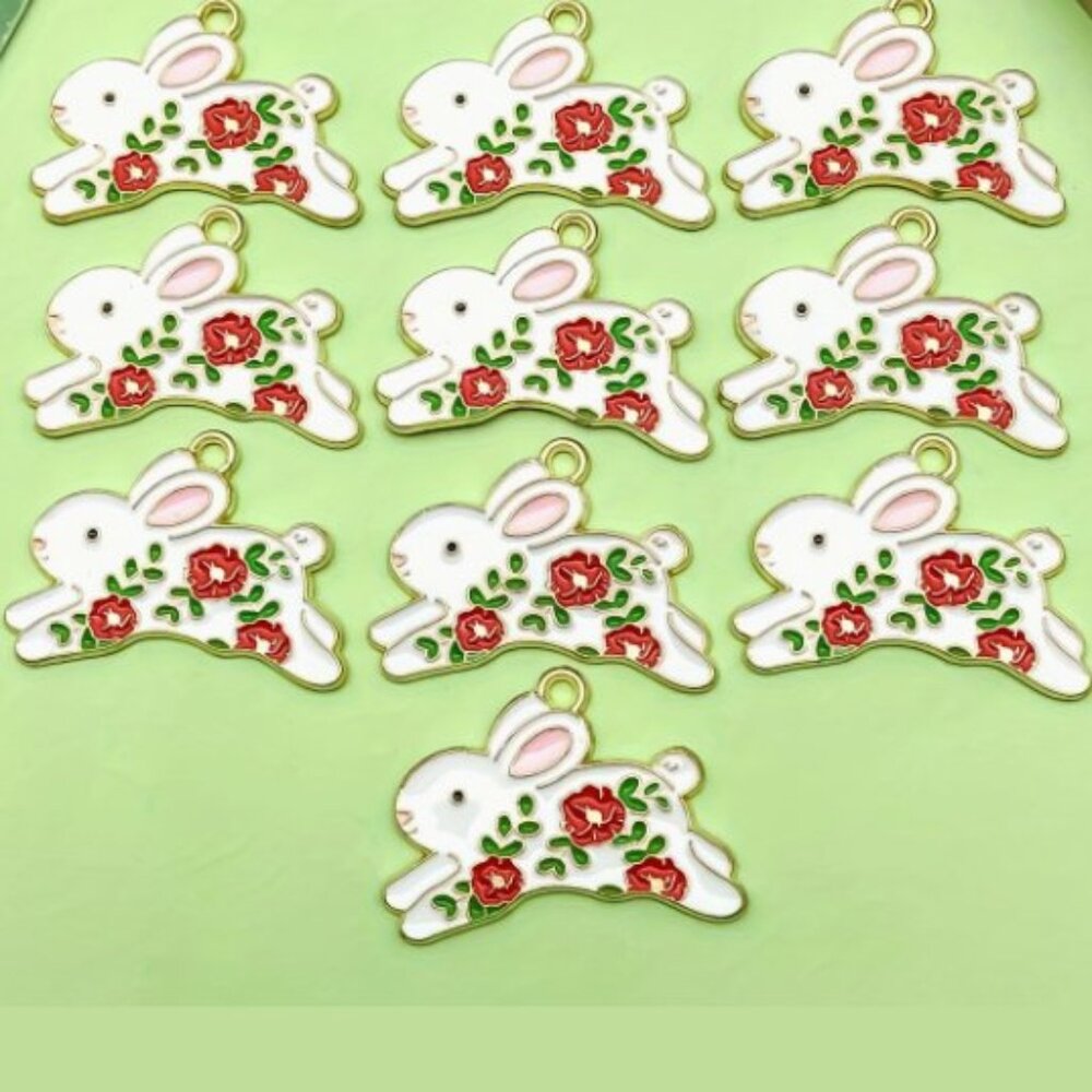 Adorable Enamel Rabbit Charms with Colorful Floral Patterns | Zinc Alloy  10 pcs